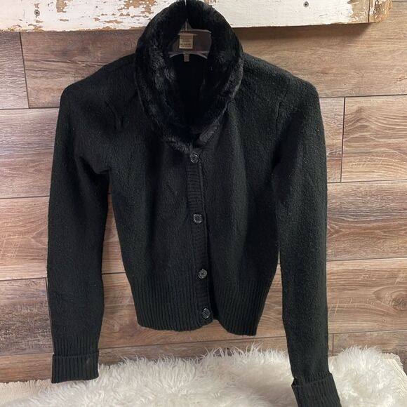 CHEROKEE Ladies Button Up Faux Fur Collar Black Sweater Size XL 14 / 16 - Picture 3 of 10
